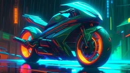 Motocicleta futurista con carenado de cabeza de tiburón y branquias luminosas, zoomorfismo cyberpunk, neón en lluvia, estilo de Syd Mead