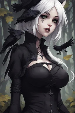 CAT GIRL, goth, forest, nature, cartoon, leaves, half black half white hair, boobs, ravens