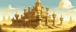 A grayish yellow sunlight castle in a desert designed in Mayan architecture painted by Qiu Ying