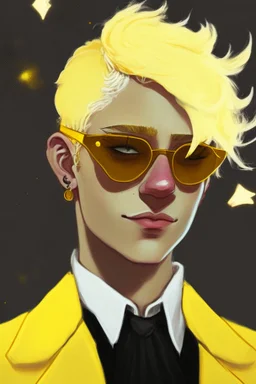 Realistic young man with fluffy yellow hair, big black eyes, yellow freckles, small black earrings, smirk, dark beige kin, yellow tuxedo, yellow star sunglasses on head