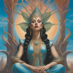 art by Patrick Woodroffe in the style of Salvador Dali, muted psychedelic colors, Lady Gaga as an elf queen, seated in lotus position, in an elven kingdom, HD 4K ultra high resolution, photo-real accurate