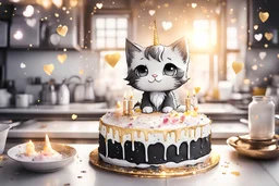 birthday cake, black and white chibi kitten in a beautiful kitchen, heart and love in the sunshine, watercolor and black ink outlines, sparkling golden glitter, ethereal, cinematic postprocessing, bokeh, dof