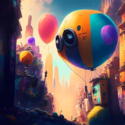 Wall-E, digital art, anime, 4k, full details, high resolution, colorful, alone, city, baloons