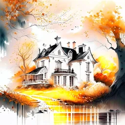 Futuristic country house ink art white cream autumn 8k