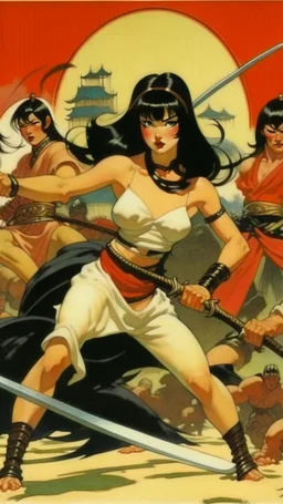 Betty Page art from japanese style 1900 movie. Ninjas