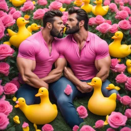 2 big hairy muscular men in velvet Prada shirts are kissing each other and sitting in a field of pink roses next to yellow plastic ducks and gift boxes next to them