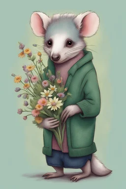 Green opossum wearing cardigan holding a bouquet of wildflowers cute art