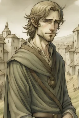 colour drawing, Human, grey eyes, ashy hair, a young man, fine clothes, full length, stubble facial hair, background city of craftsmen, Middle Ages