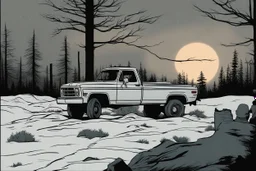 pickup truck, rear, forest, standing, silhouette, comic book,post-apocalypse, gray background, night time, cabin, tree branches,