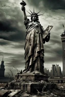 the statue of liberty, dress dirty and torn, her face solemn and terse, trash littered at her feet, the skyline dark and grungy