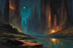 Night, rocks, mountains, very epic, sci-fi, 2000's sci-fi movies influence, wilfrid de glehn and rodolphe wytsman and jenny montigny impressionism paintings