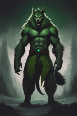 concept art of a werewolf with green fur, digital artwork, illustrative, painterly, matte painting, highly detailed, cinematic composition