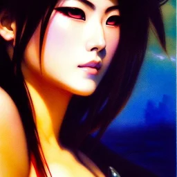 Drawing of beautiful face,busty Mai Shiranui (Fatal Fury),intense stare,Minimal ancient armor, balanciaga fashion clothe painting by gaston bussiere, greg rutkowski, yoji shinkawa, yoshitaka amano, tsutomu nihei, donato giancola, tim hildebrandt, oil on canvas, cinematic composition, extreme detail,fit full head inside picture,16k