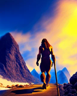 Imagina el hombre de Neandertal caminando mirándome de frente a la camara por montañas colores complementarios arte digital foto realista obra de arte hiperdetallada intrincada sombras 3D iluminación cinematografica 8k 3D cuerpo completo clima soleado nubes