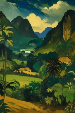 A dark gold rainforest near a village cottages surrounded with mountains, painted by Paul Gauguin