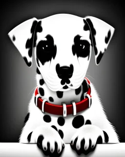 dalmatian puppy, tilting head, sitting on kitchen floor, red collar, black paw prints on floor