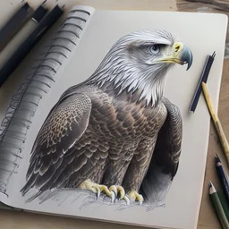 drawing in a sketch book of a realistic eagle.