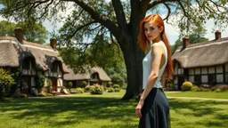A photorealistic image of a red-haired, slender woman standing in a village green, surrounded by many thatched cottages, next to a large tree. Sunny day.