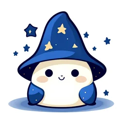 drawing of cute small mochi character with whitch hat in dark blue colour with small gold stars on it on, on white background