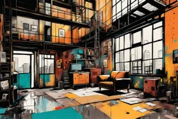 create a wildly abstract illustration of a highly detailed gritty and rusted Victorian industrial warehouse artist's loft apartment in style of Jean Michel Basquiat , and the comic book art style of Bill Sienkiewicz, finely textured, drawn, colored, and inked