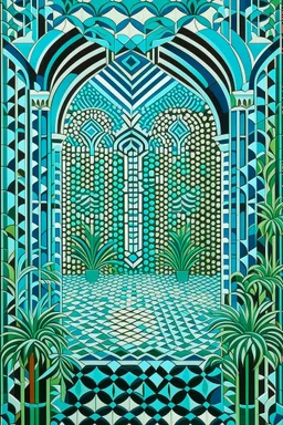 A mint colored jungle with bramble vines designed in Mayan architecture painted by Victor Vasarely