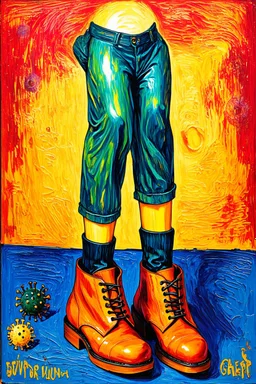 a virus with shoes; in the style of Edvard Munch