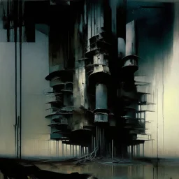 Dark Contemporary abstract painting of Lebbeus Woods brutalist architecture in a wasteland techno decaying landscape. Hazy foggy night sky. Concrete ground. Exposed twisted concrete and pipes. Style Justin Mortimer and JMW Turner. Close up