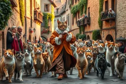 "The Cat Pied Piper of Hamelin, dressed in flowing, colorful Renaissance garments, playing a magical flute, followed by a majestic parade of cats in all sizes and colors, walking in perfect harmony along old cobblestone streets, Renaissance buildings with ivy, curious townsfolk leaning out of balconies with astonished faces, golden-hour lighting, high fantasy, highly detailed, 8K, hyper-realistic, magical realism --v 7 --ar 21:9 --style raw --q 2"
