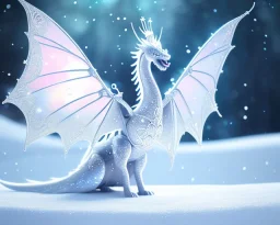 mdjrny-v4 style, a white dragon with fairy-like transparent glowing and sparkly wings standing in snow, full body, silver and teal background, glowing soft and smooth wings, realistic, highly detailed intricately detailed, shiny snowy background, soft studio lighting, trending on artstation, by artist "Julie Bell", by artist "Greg Rutkowski"