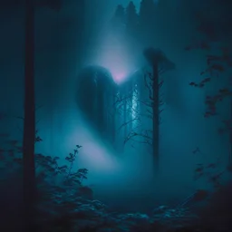 fog in the forest at night with an electric heart