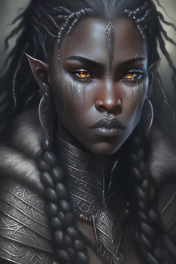 beautiful, fae, sidhe, drow, elf, black hair, intricate braids with beads, ebony skin, warrior, gray eyes, black fur robes, armor, an epic fantastic realism comic book style portrait painting, high fantasy