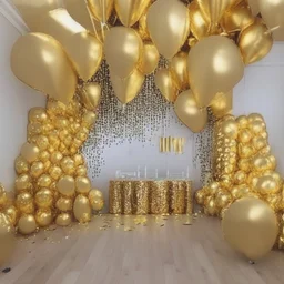 A picture of a room filled with gold party decoration. Include balloons, garlands, foil balloons