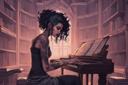 scarred cyberpunk vampire girl with tribal tattoos short curly cyberpunk hair playing piano in the library of a decaying gothic mansion at dawn