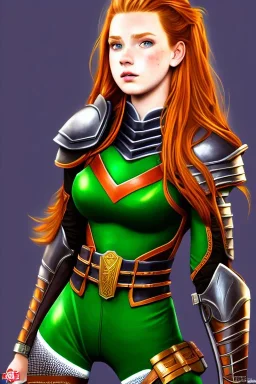 concept illustration, hyper detailed, strikingly beautiful teen female, 16 years old, long ginger hair, green eyes, medium freckles, full lips, full body, full face, b-cup breasts, athletic, centred camera, ignore NSFW, leather armor, athletic, sitting, legs spread