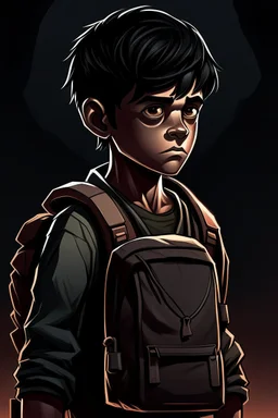 gimme a book cover photo which a boy 11 year old with dark hair in the dark with a backpack who is dead