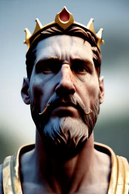 Ultra Realistic image, Roman sculpture, white marble material, Lionel Messi, gold crown of natural thorns, god crown, Renaissance style, sun rays background, waist up portrait, gold flecks, epic, celestial, cinematic lighting, God lights, 4k resolution, smooth details, soft lighting, unreal engine 5, art station, substance 3d.