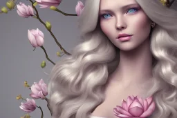 femme long cheveux blond blancs grands yeux bleus , 8k resolution, flower magnolia lotus rose, beautiful portrait, 8k resolution, flower head and body, beautiful star