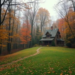 fairytale mood, autumn, a forest clearing with a lovely cottage