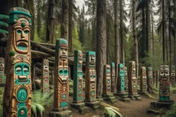 A forest filled with totem poles with clocks on them