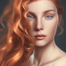 face of a young woman head and gaze downcast with fine features and long ginger hair