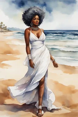 Create an urban culture watercolor painting of a beautiful thick black female wearing a soft white maxi dress and a white hair wrap. Prominent make up with lush lashes. Highly detailed tightly curly afro. Background of her walking in the sand by the ocean.