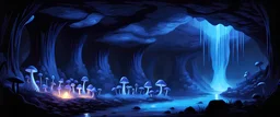 The underdark, underground, gloomy menacing, dark evil, blue glowing cave, shiny mushrooms