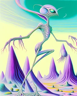 an ethereal and pastel alien creature, with shifting limbs and slender composition, is climbing through a strange wild landscape , highly polished, chrome airbrush style, dreamlike composition, color penciling color palette, surrealistic retro-futurism, rotoscoping, psychedelic aesthetic, metaphysical, highly detailed, arthur lismet, artstation, 1960s psychedelic drawing with art nouveau motifs, munch, vibrant, extra terrestrials art, vintage