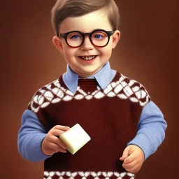 Peter billingsley chubby kid Tortoise-shell glasses, Holding a ((dark red Bar soap)) in his hand, brown argyle sweater