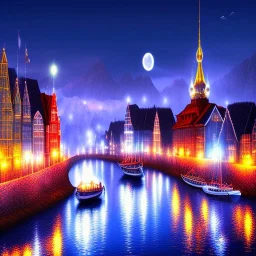 Fantasy city, cove, dock, night, large