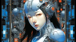 An illustration by Kuniyoshi and Monet of a cyborg girl inside a futuristic matrix.