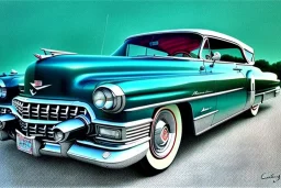 a true-to-life 1951 cadillac deville, classic wheels, pen and color marker, centered, intricate, extreme detailed, photorealism, center view, drive-in background, pivot on cadillac, painting by cheryl kelley