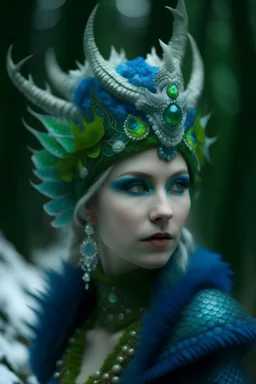 Portrait of Dragon Queen, wearing a green-blue dragon crown, decorated with crystals in mystery snowy forest