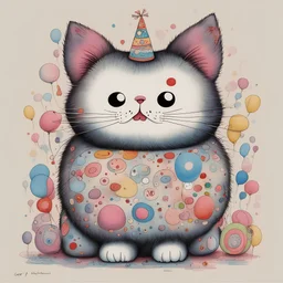 fat pouting fluffy cat celebrating birthday, fine color ink illustration, by Gary Baseman and Takashi Murakami, colorful, adorable, interesting, maximal