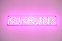 A simple neon sign labeled "KUKRUNK" white background and bold 80s font